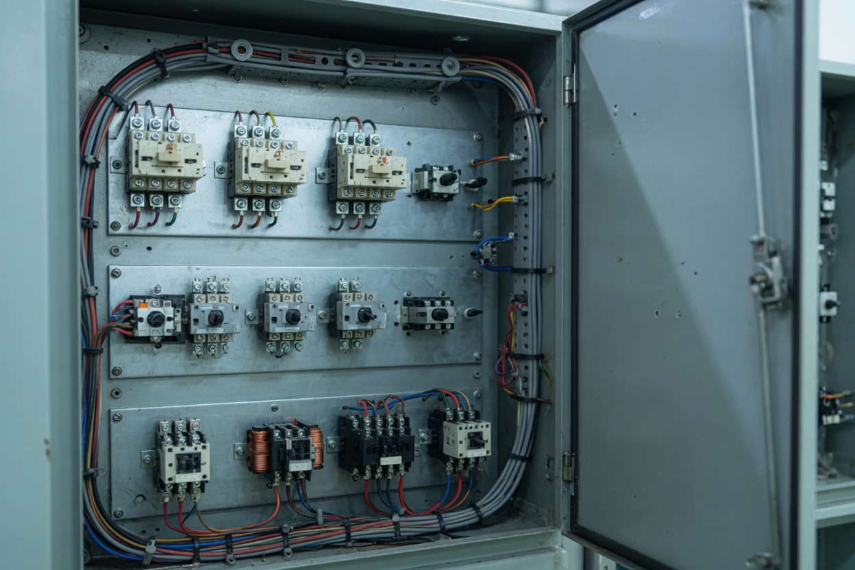 Open control cabinet with relays and wiring