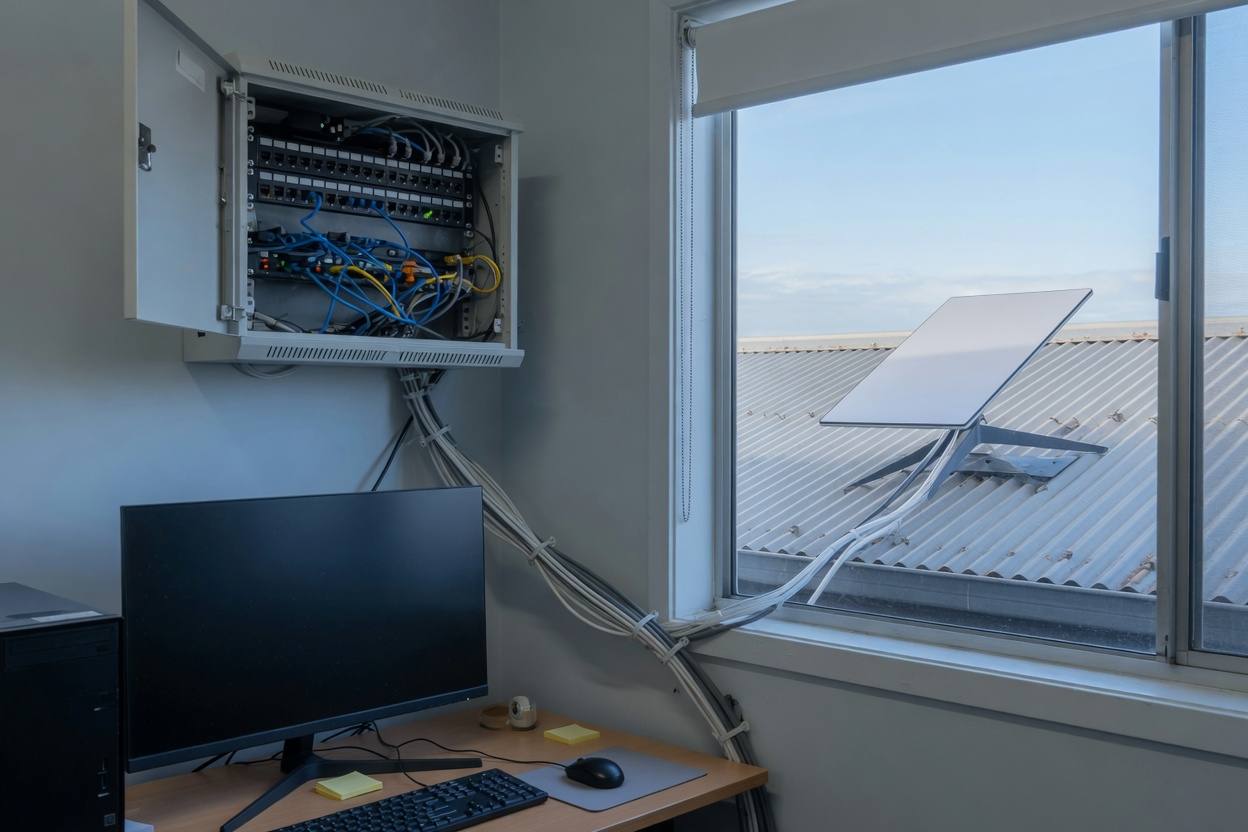 Network cabinet, a computer, and a satellite terminal on the roof