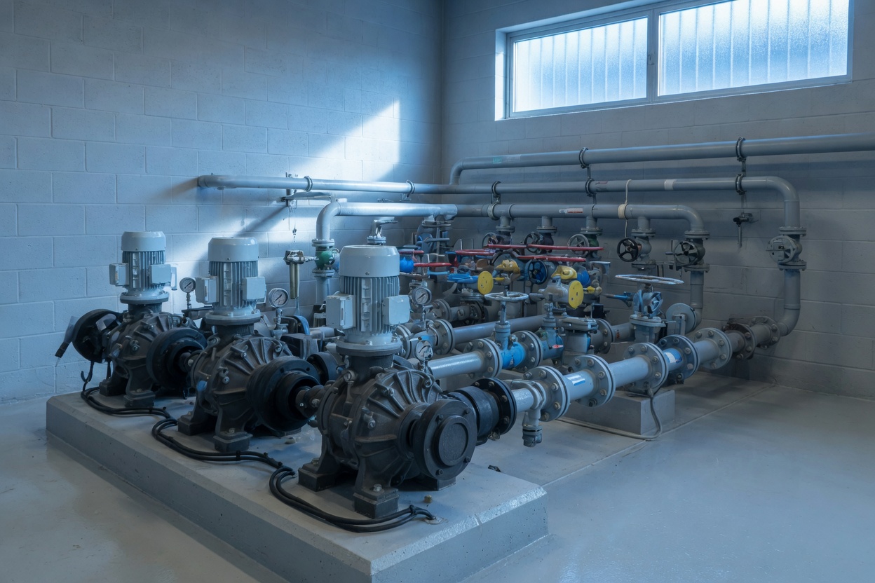 Pumps and a valve manifold in a mechanical room