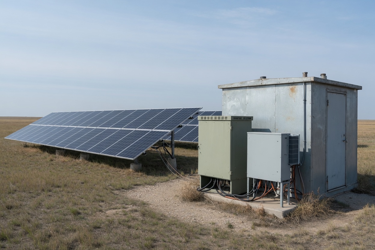 Ground-mounted solar array beside an off-grid equipment shed