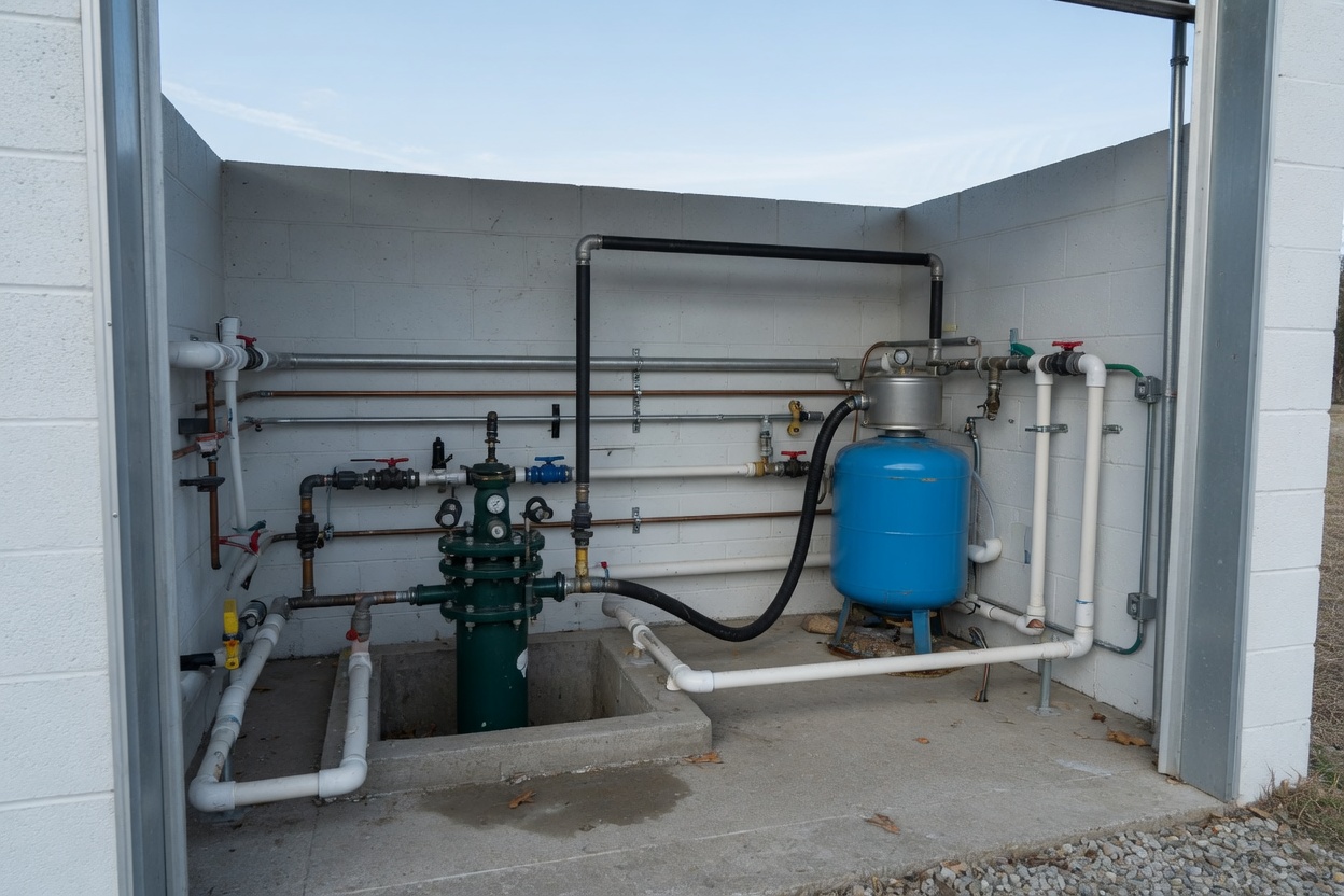 Wellhead and pressure tank in a pumphouse