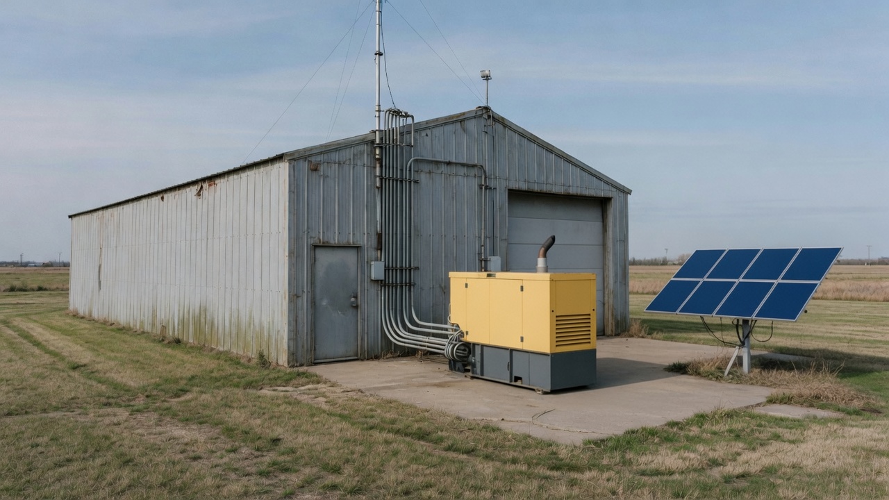 Farm shop with a standby generator, conduit on the wall, and a solar array